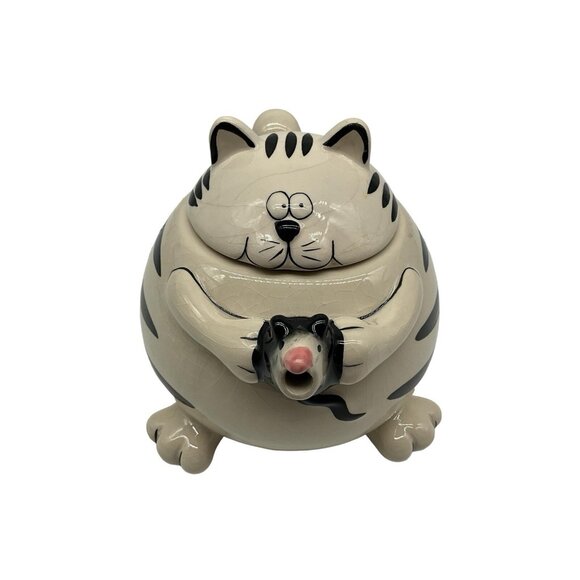 Pier 1 Imports Teapot Chubby Black & White Striped Cat Holding a Mouse as Spout - Picture 1 of 16